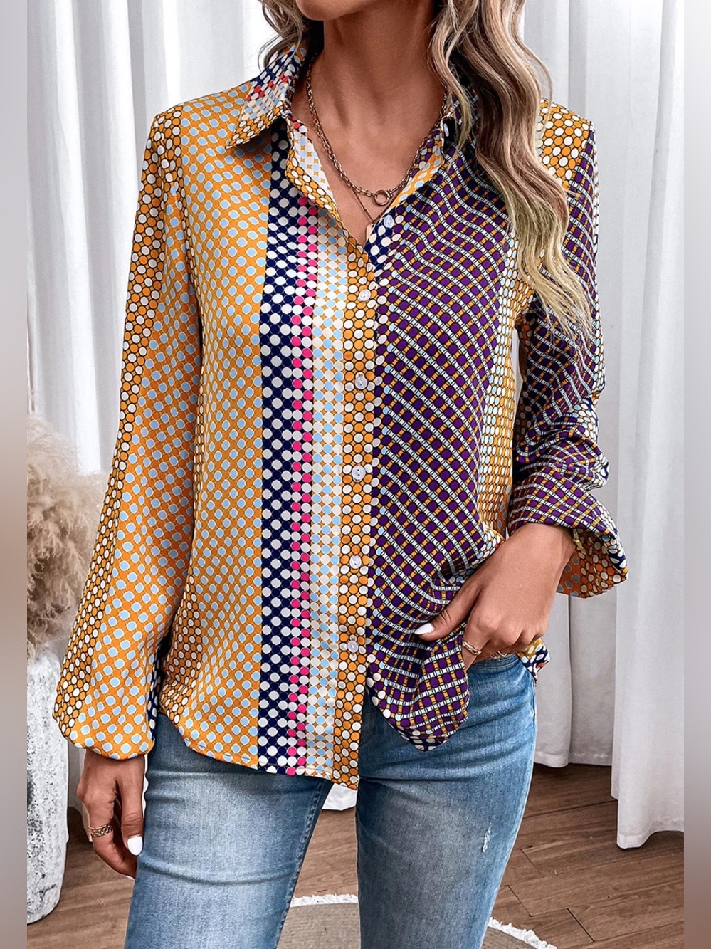 Moderately Mod Multicolor Geometric Vintage Print Button Up Women’s Top — Size S